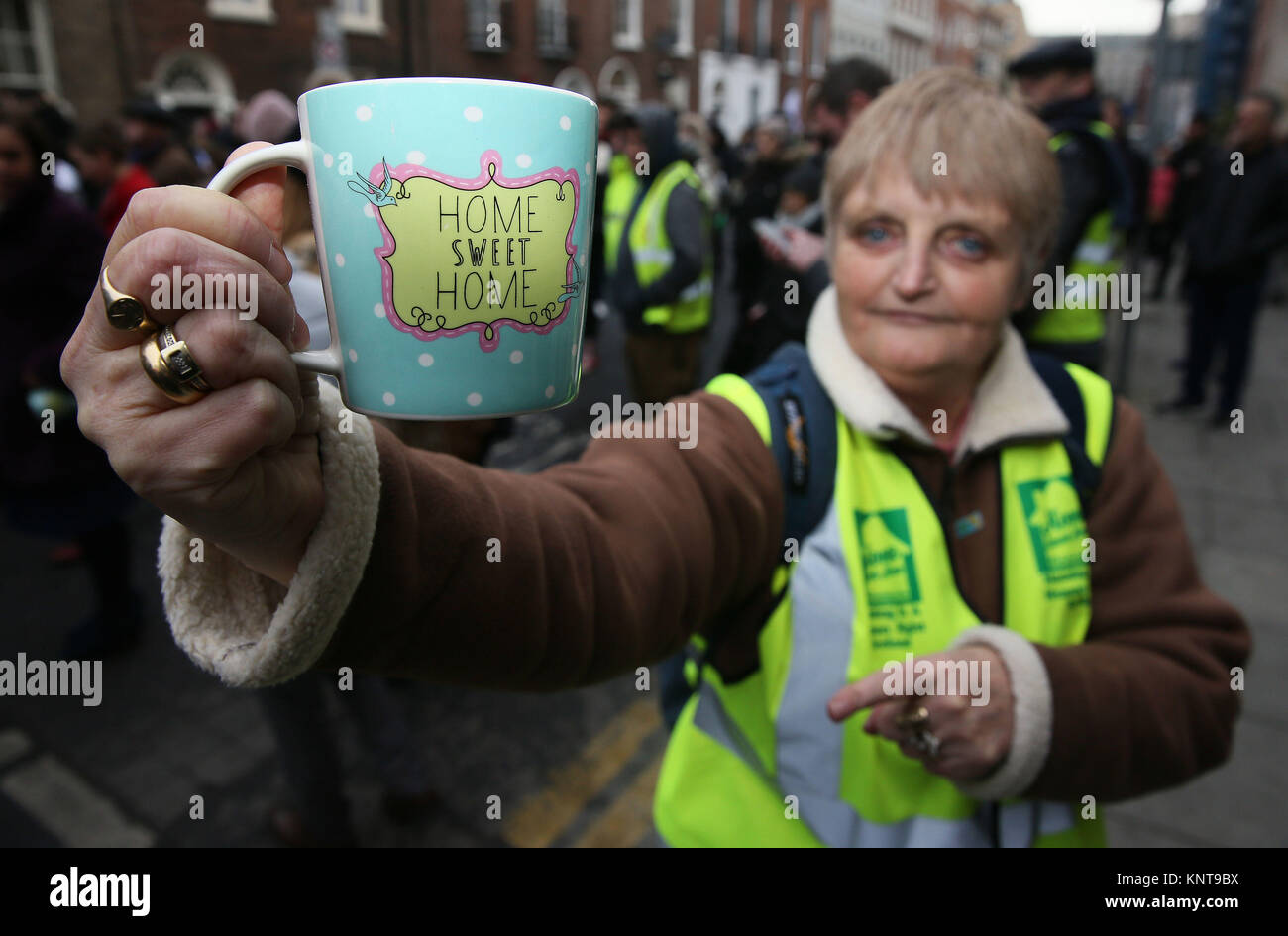 Homeless campaigner Sheila O'Byrne during a peaceful protest concert to raise awareness of homelessness in Ireland outside Leinster House, Dublin. Stock Photo