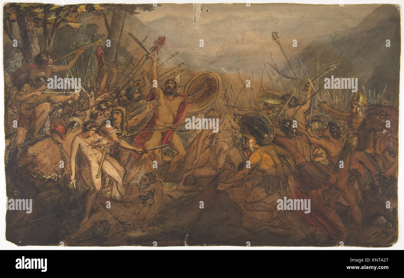 Depiction of a battle scene showing armed combatants, weapons, and ...