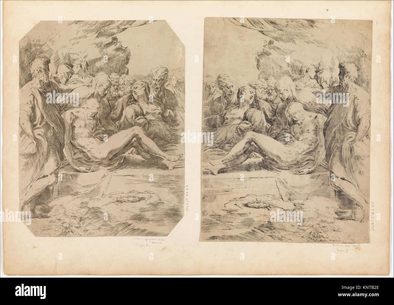 An illustration depicting the entombment of a figure, showing funerary ...