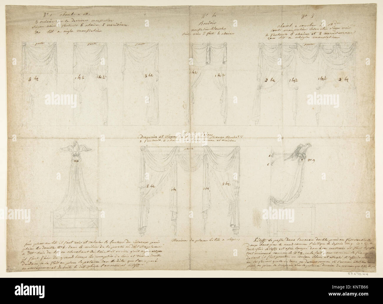 Illustration showing designs for drapery, window treatments, and a bed ...