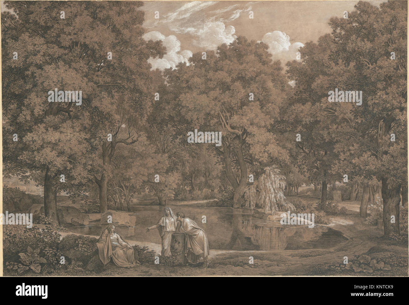 Arcadian Landscape with Three Figures at a Lake MET DP148226 377597 Artist: Johann Christian Reinhart, German, Hof 1761?1847 Rome, Arcadian Landscape with Three Figures at a Lake, 1792, Black chalk, and white gouache on brown paper, sheet: 23 x 33 7/8 in. (58.4 x 86 cm). The Metropolitan Museum of Art, New York. Rogers Fund, 2007 (2007.264) Stock Photo