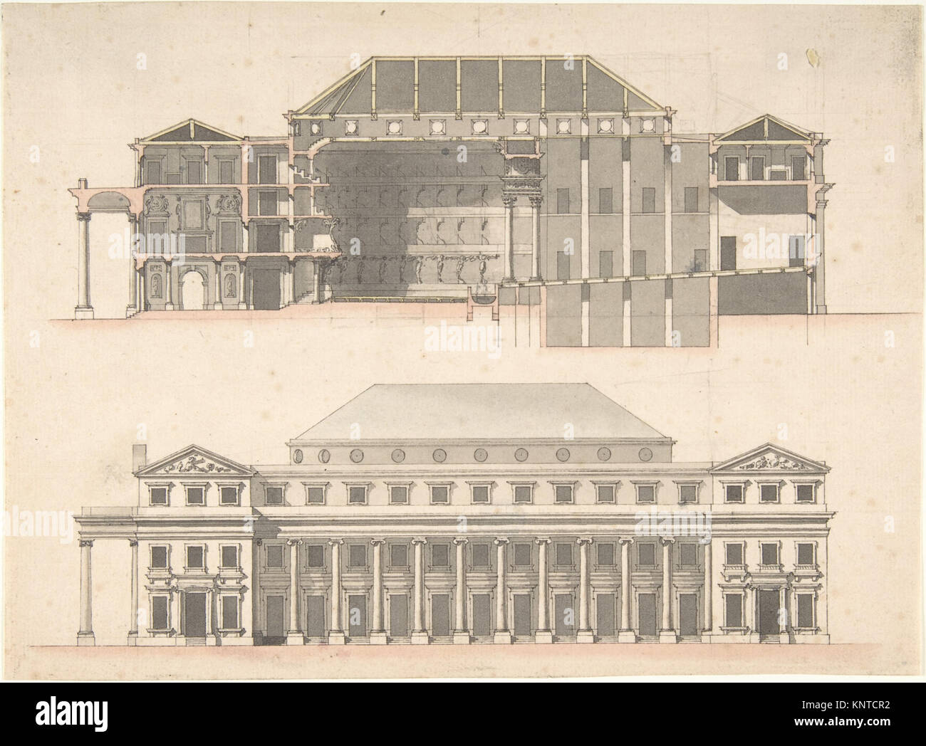 Architectural designs for a theatre, including stage layout, seating ...