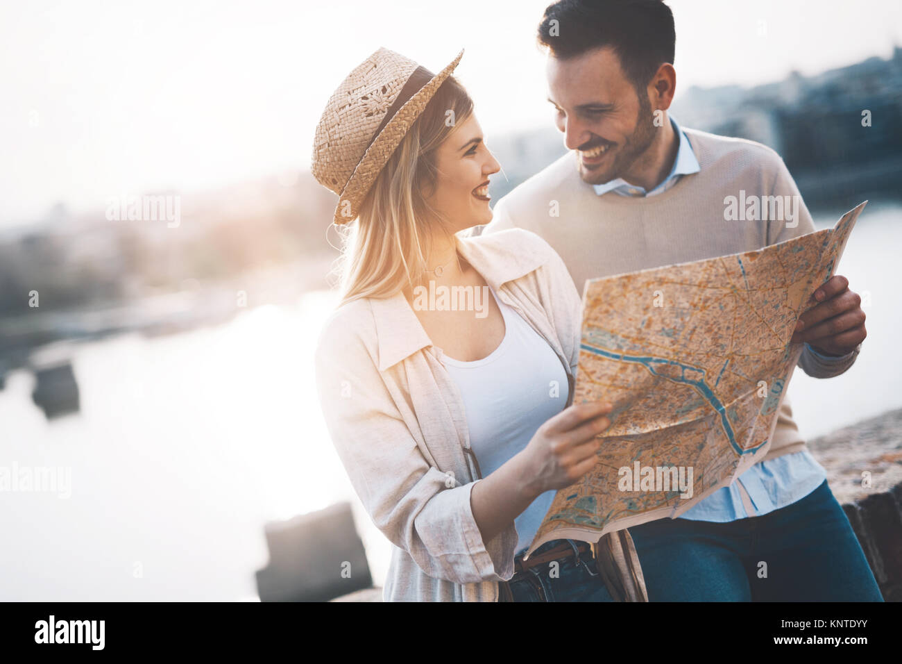 Beautiful couple traveling and sightseeing Stock Photo