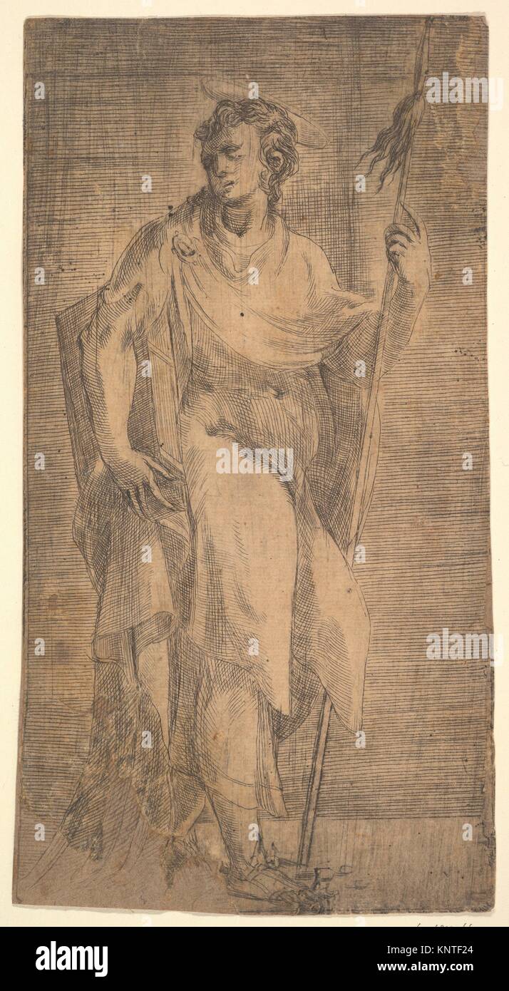 A saint, possibly Matthew, holding a staff and a book. Artist Andrea