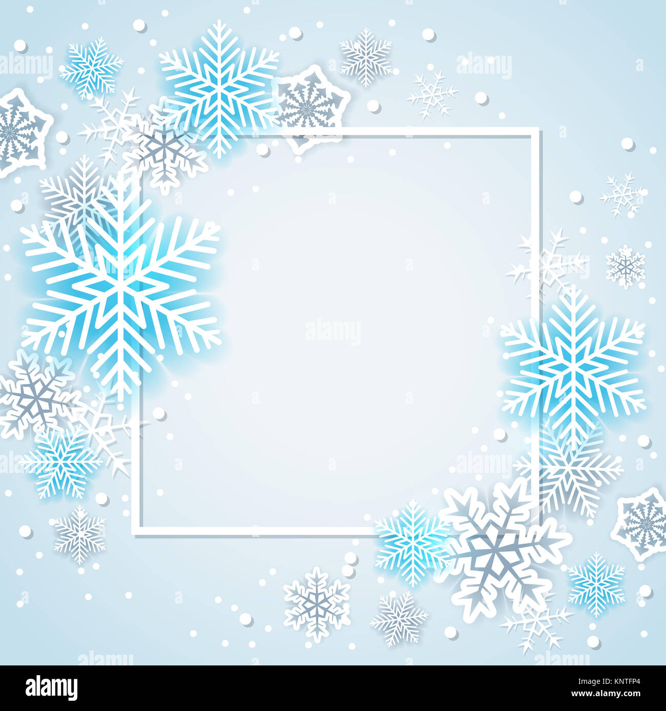 Holiday background with white and blue snowflakes in frame. Abstract ...