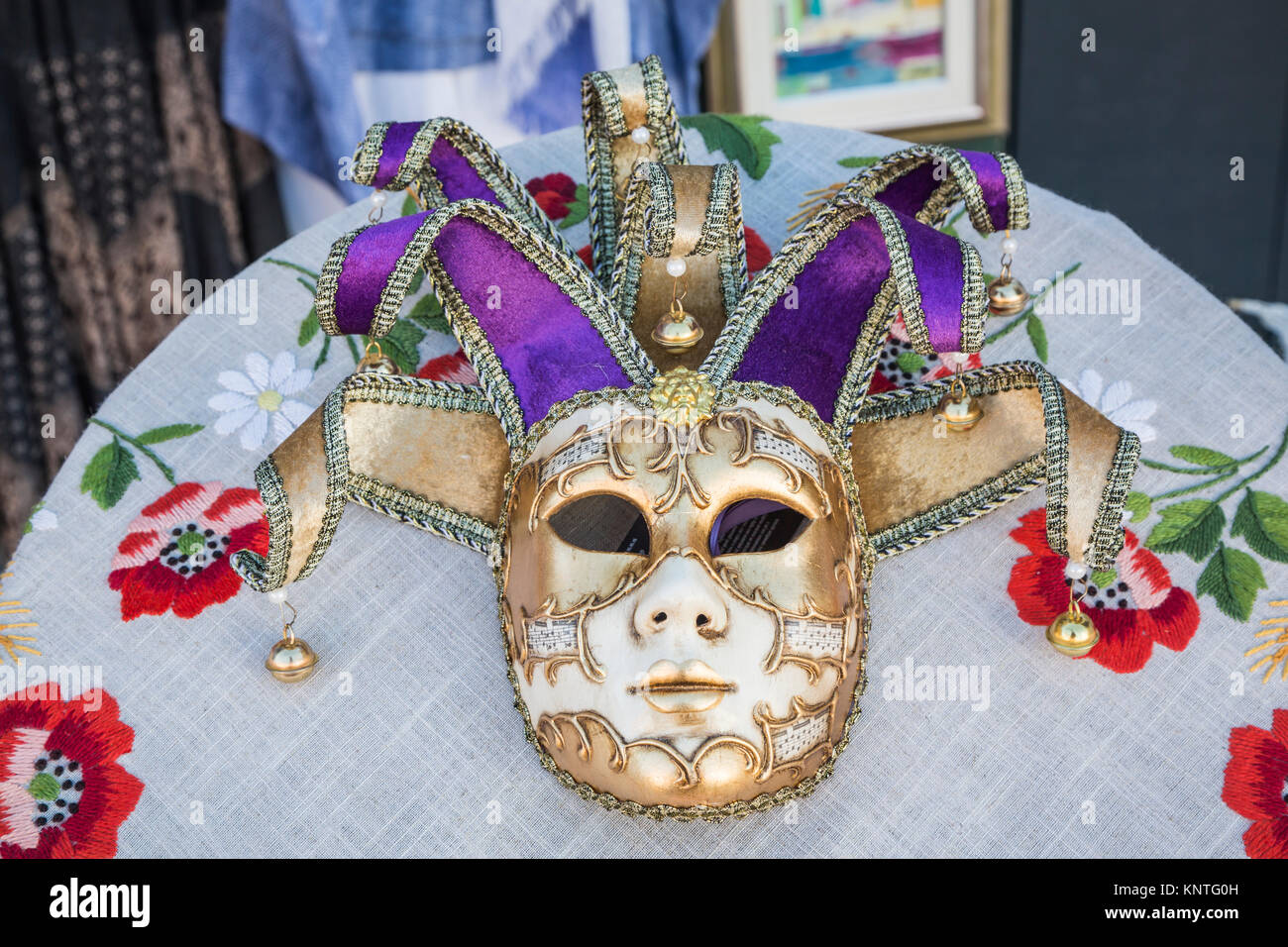 Closeup of masks in the Venetian vlllage of Burano, Venice, Italy, Europe. Stock Photo