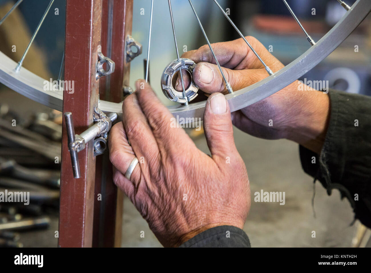 Nogales, Sonora, Mexico - ARSOBO, a nonprofit workshop, hires workers with disabilities to make wheelchairs, prosthetics, and hearing aids for low-inc Stock Photo