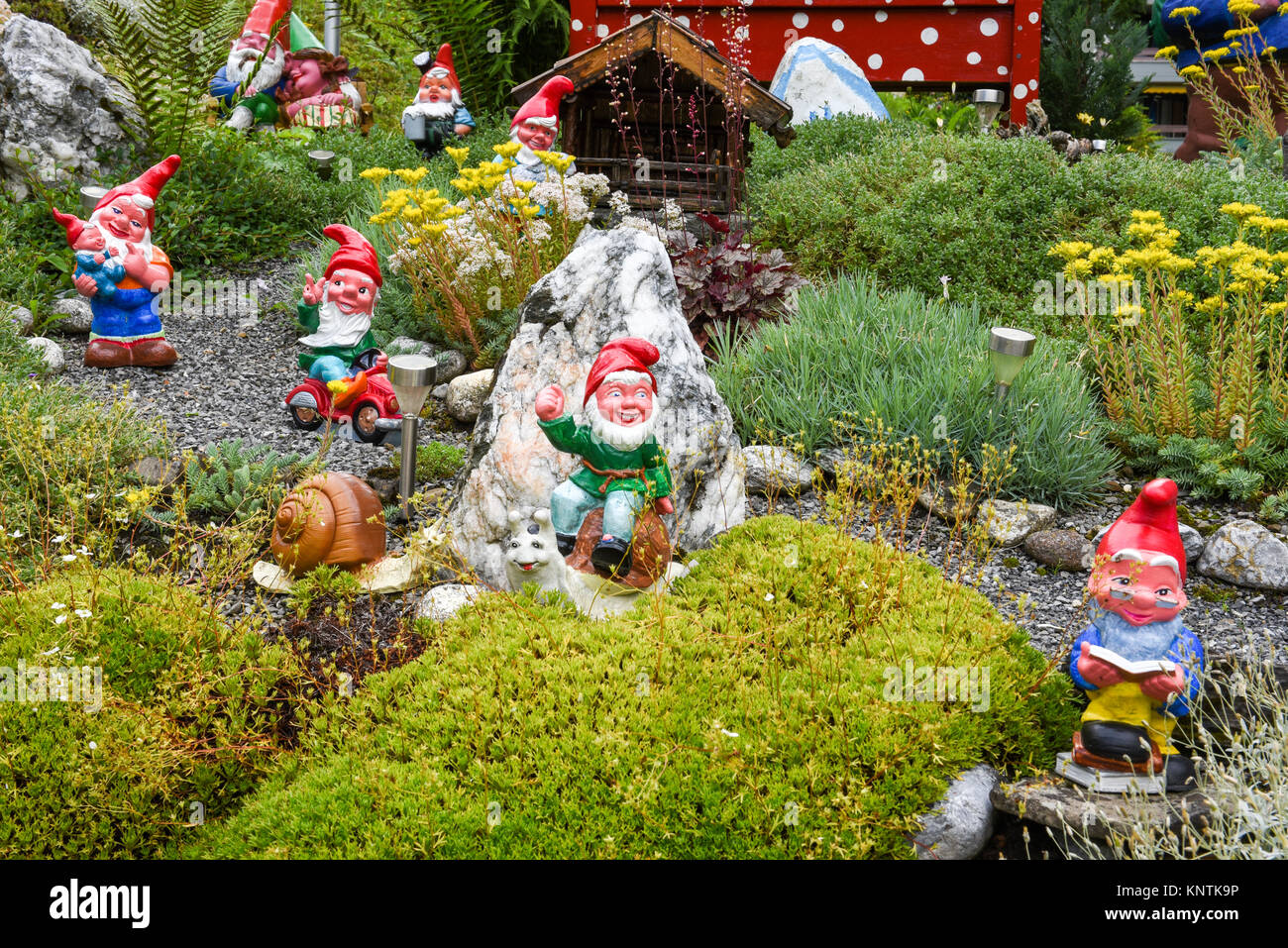 Garden gnomes in a garden of a house at Engelberg on the Swiss alps Stock Photo