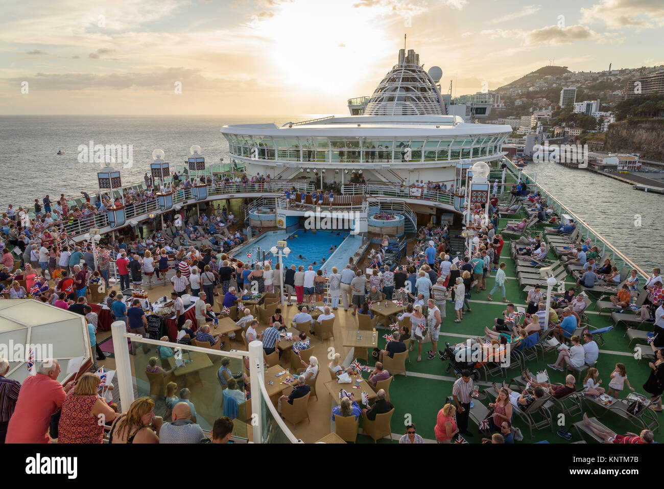 Sail away party as P&O Ventura leaves Madeira Stock Photo