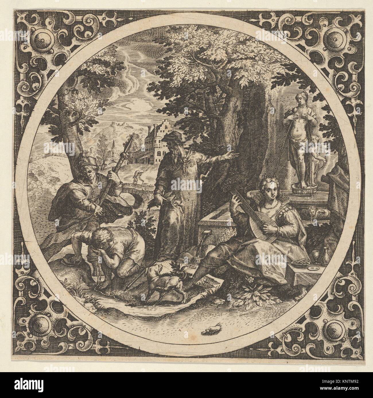 Scene with a Warning Against Venereal Disease in a Circle at Center. Artist: Theodor de Bry (Netherlandish, Liège 1528-1598 Frankfurt); Artist: after Stock Photo