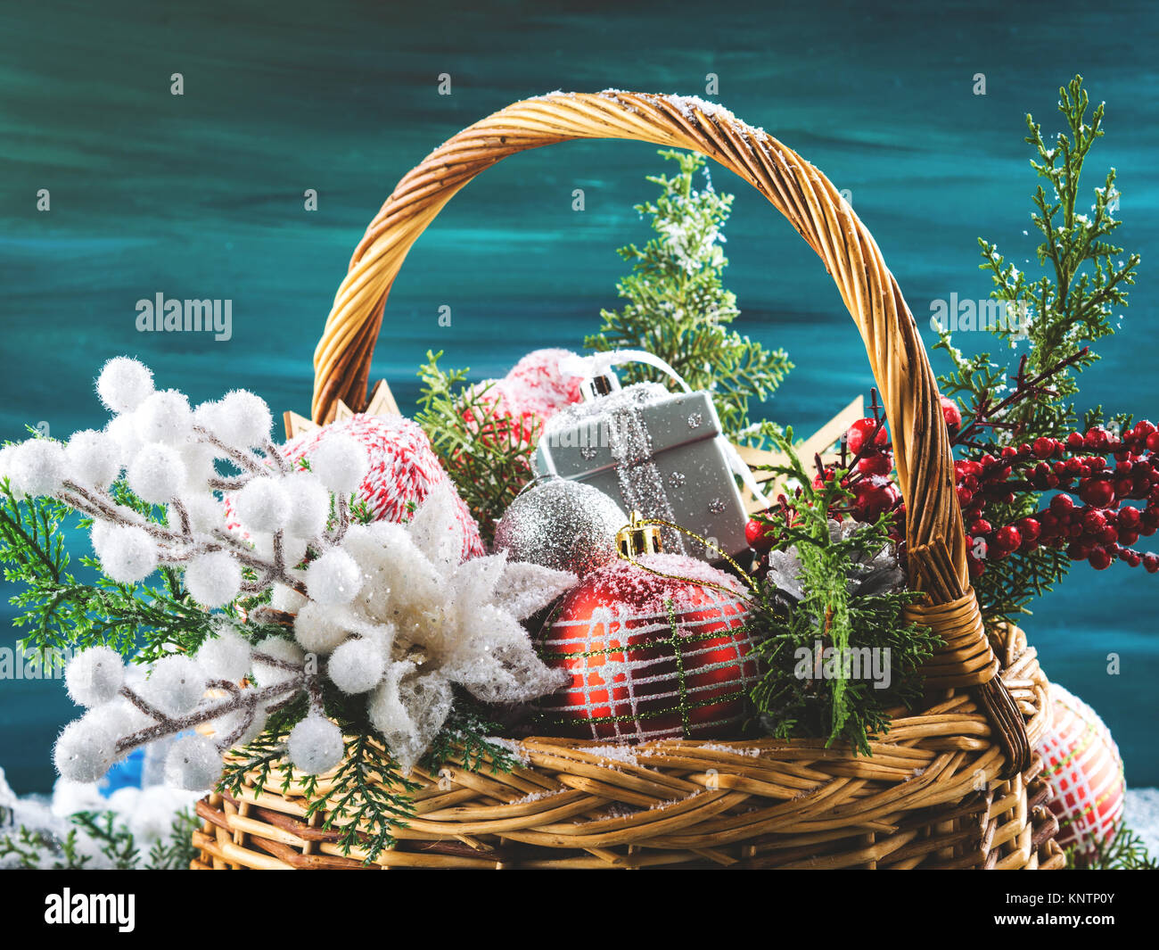 Christmas Greeting Card With Basket Full Of Holiday Decorations
