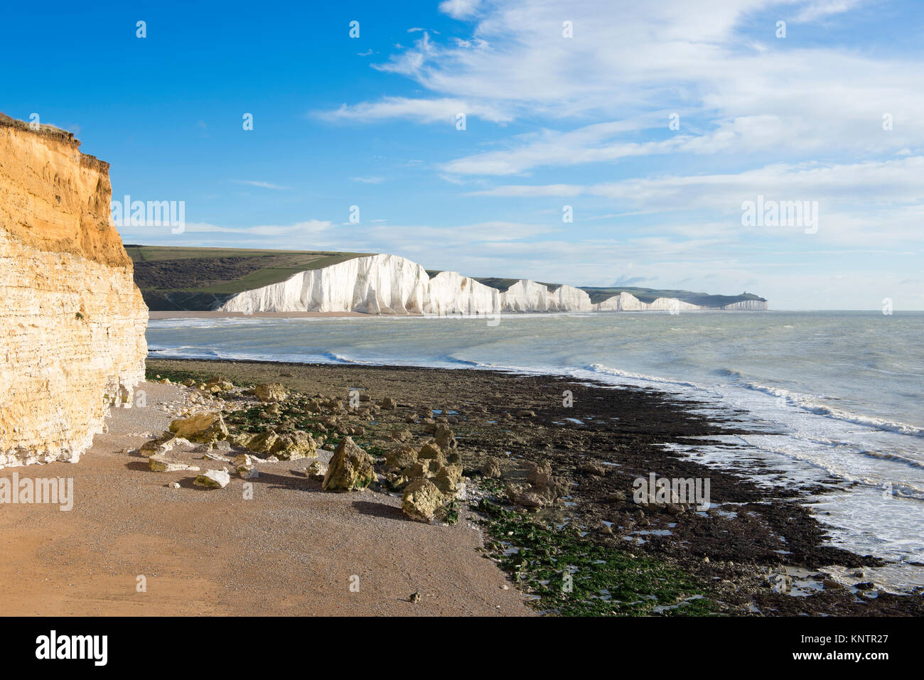 A view of the Seven Sisters from Seaford Head on a bright winter morning Stock Photo