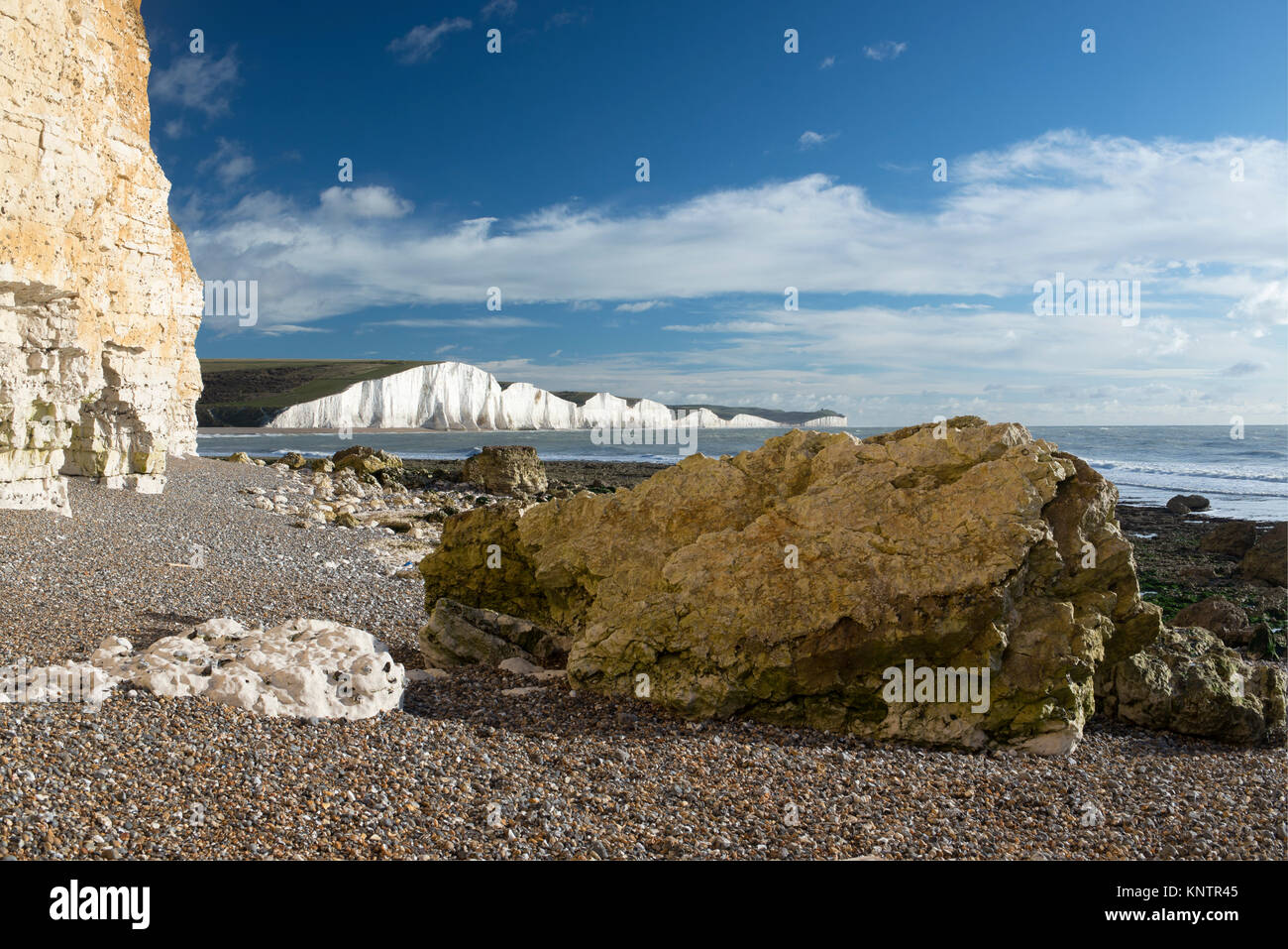 A view of the Seven Sisters from Hope Gap at Seaford Head on a bright winter morning Stock Photo