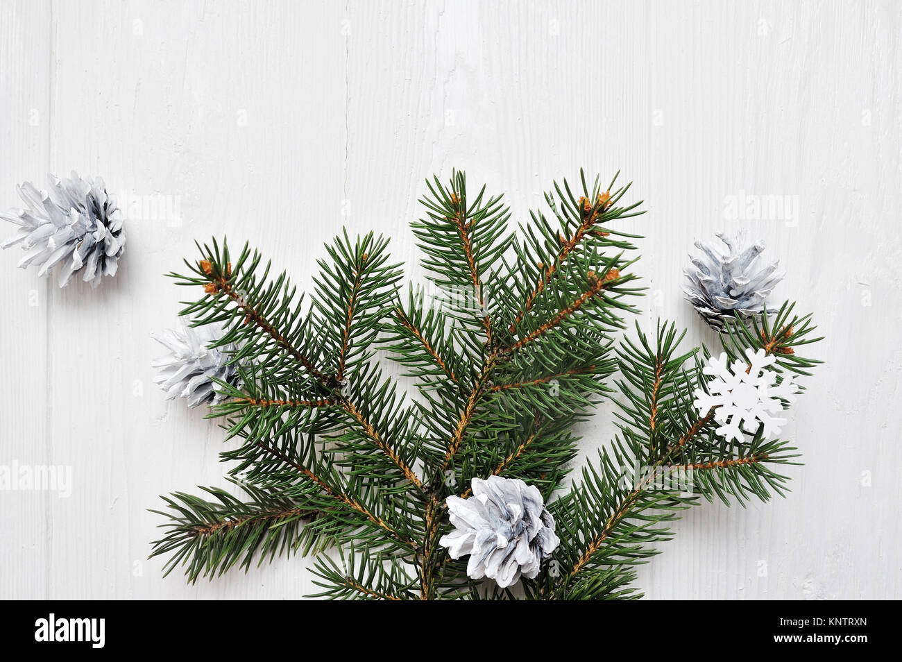 Mockup Christmas tree branch flatlay on a white wooden background, with place for your text Stock Photo
