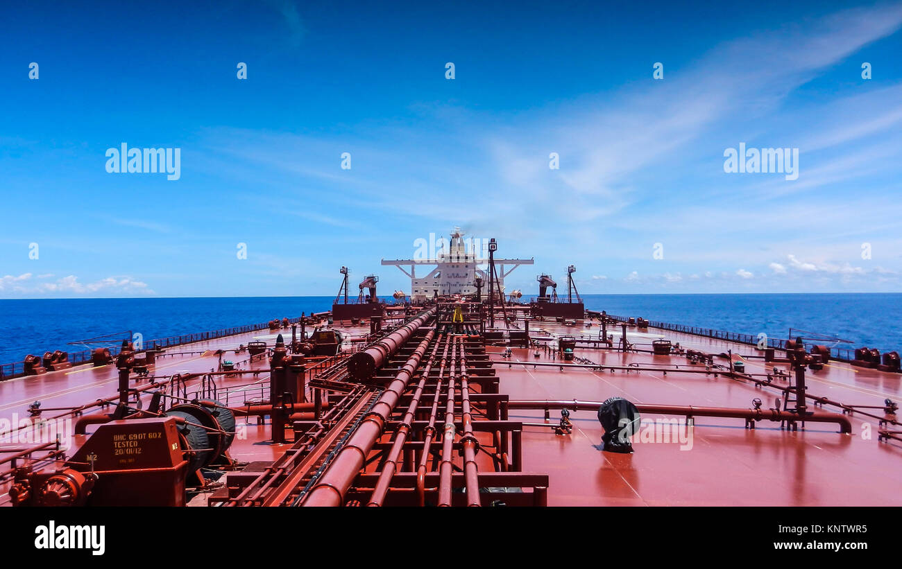 An oil tanker sails in the waters of Indian ocean Stock Photo