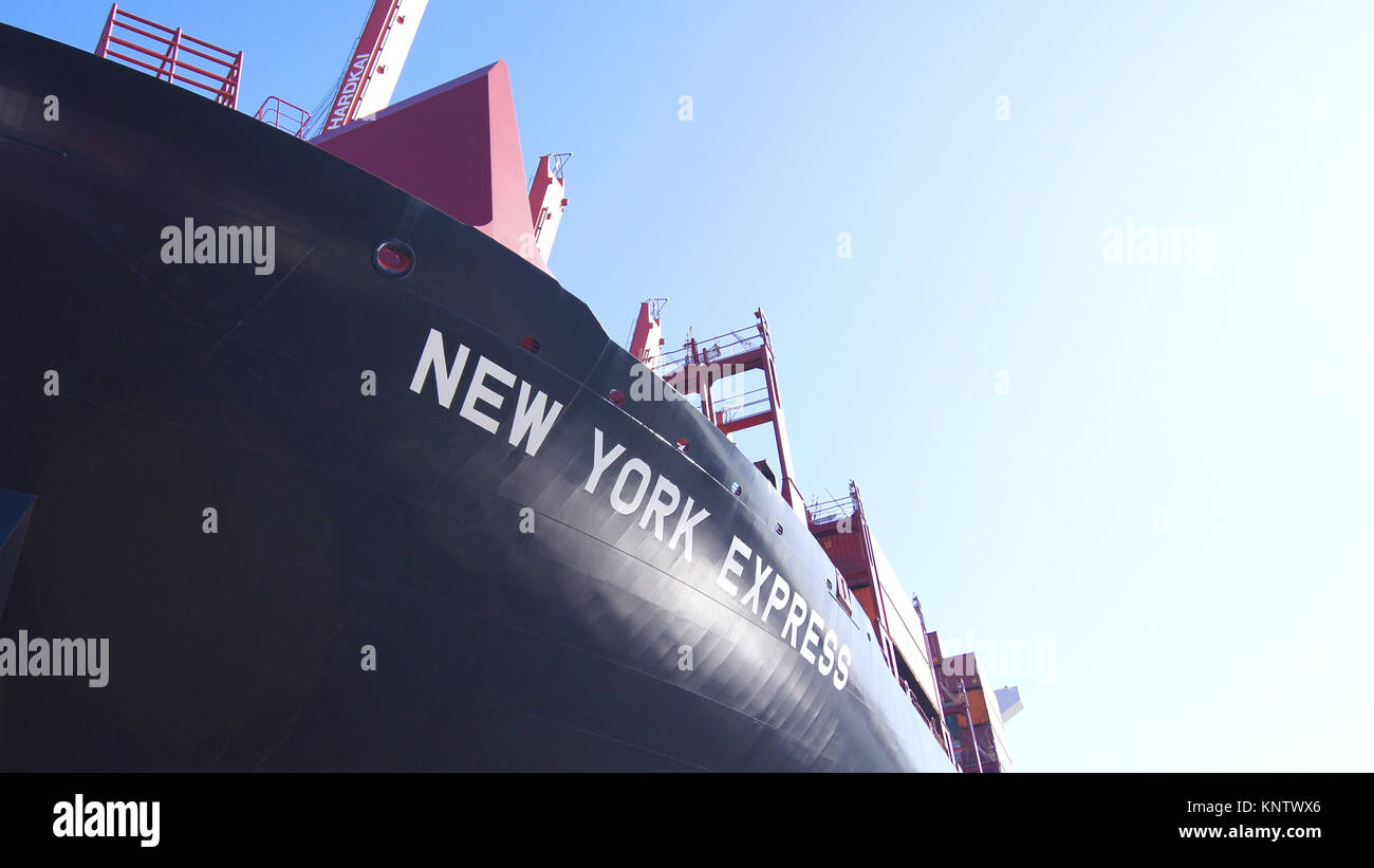 HAMBURG, GERMANY - MARCH 8th, 2014: : NEW YORK EXPRESS from Hapag-Lloyd AG container ship in the port of Hamburg Stock Photo