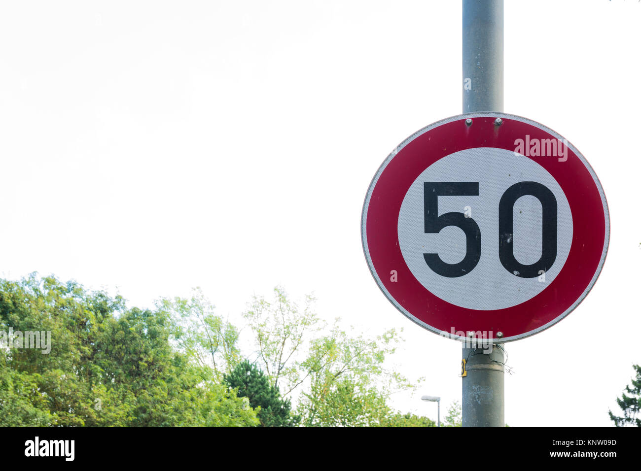 50 Limit Traffic Sign European Red Circle Pole Isolated White