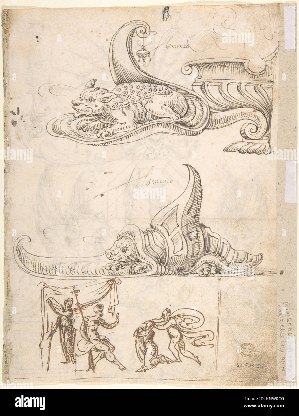 Grotesque Design with an Octagonal Panel in the Center and Two Griffins Drinking from PLates held up by a Hybrid Creature (recto); Two Turtles above a Scene with Four Figures (verso) MET DP800325 337501 Stock Photo