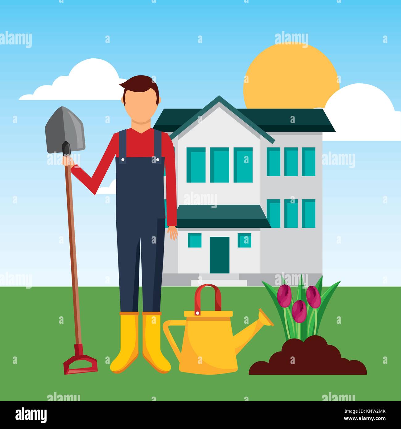 gardener front house planting tulip flower with shovel Stock Vector