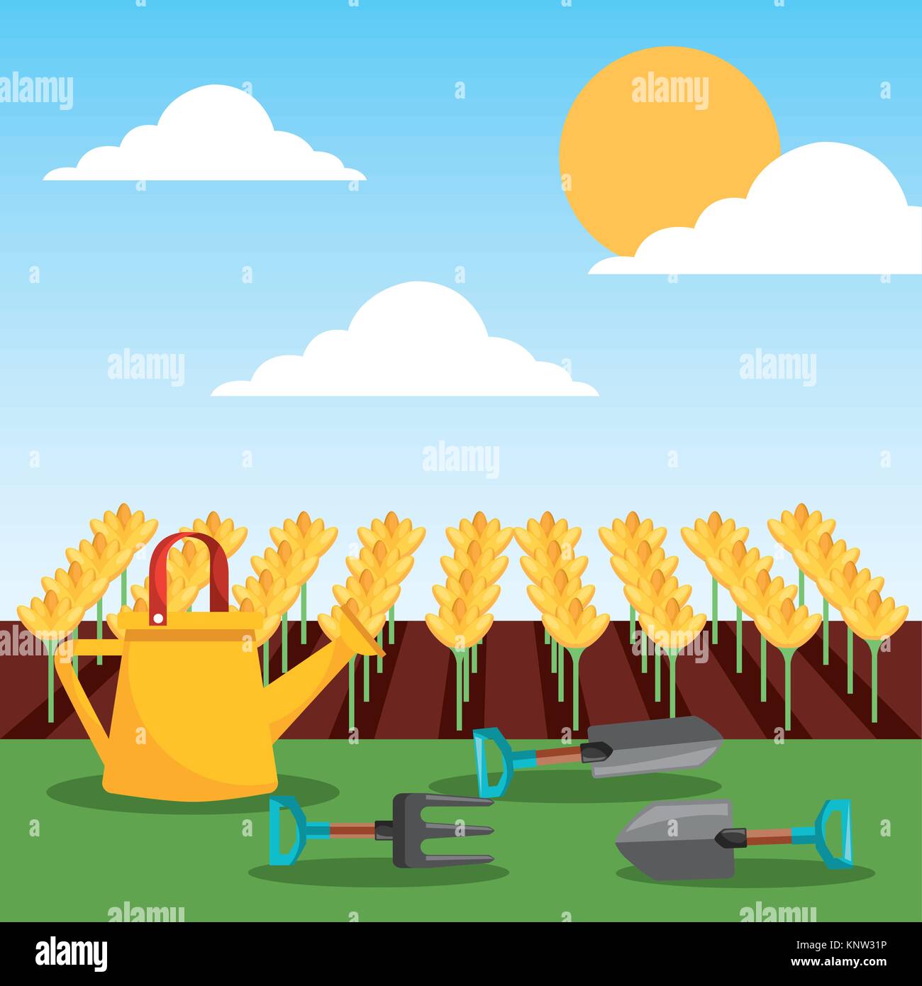 field of flowers watering can and tools Stock Vector Image & Art - Alamy