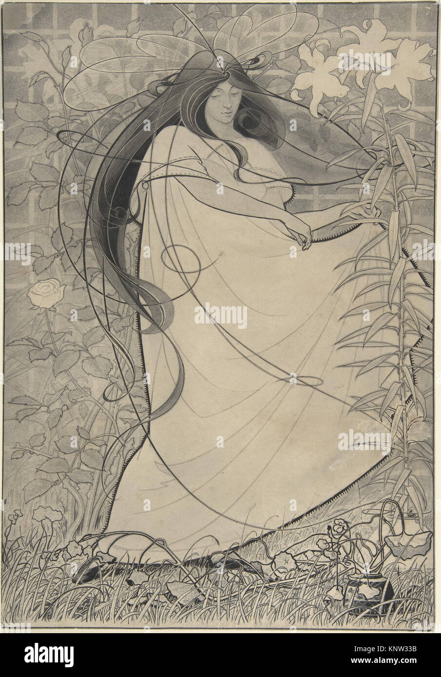Illustration of a girl in a flowing dress surrounded by roses and ...