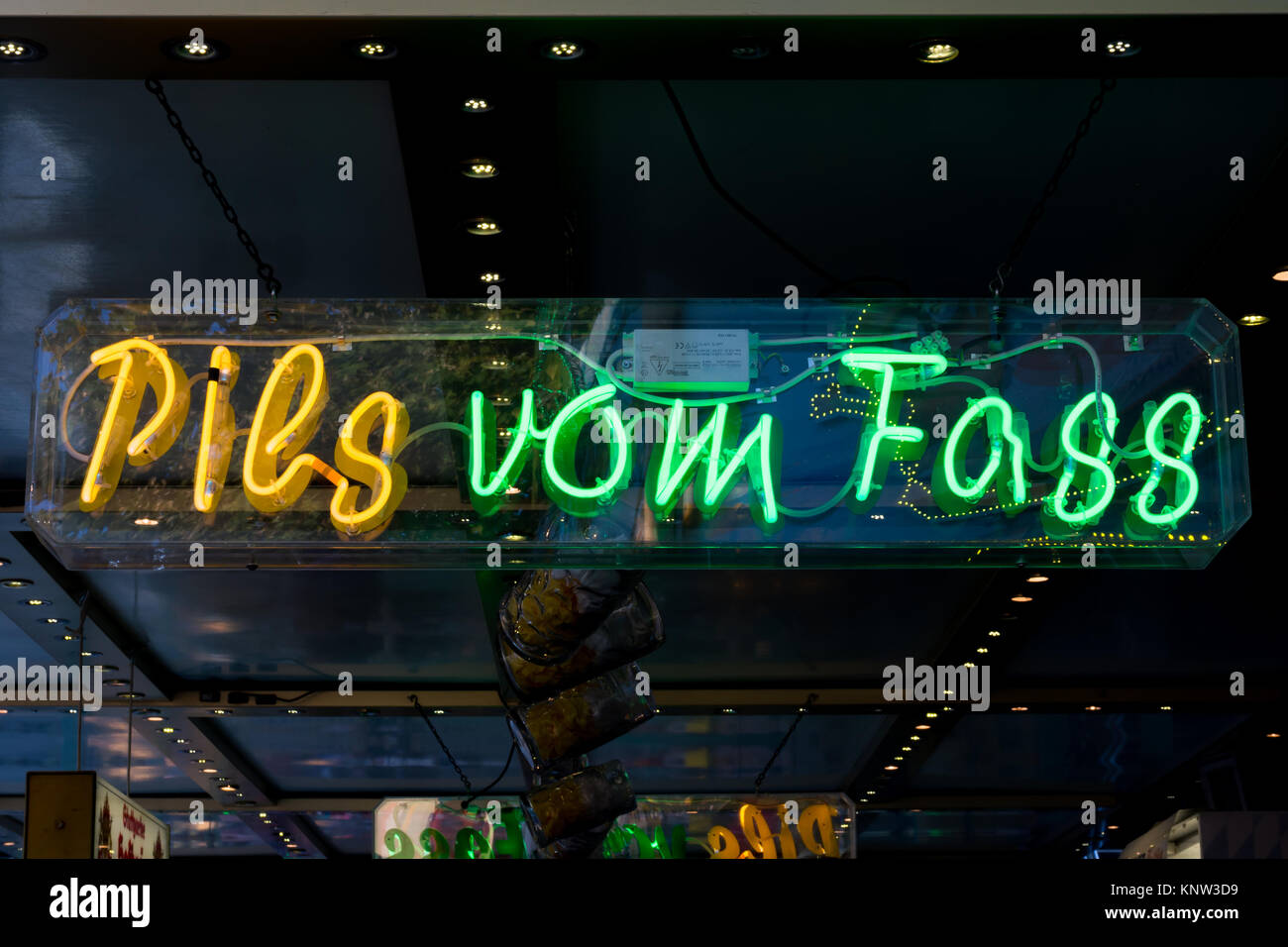 Pils vom Fass Beer from Barrel German Neon Sign Stock Photo