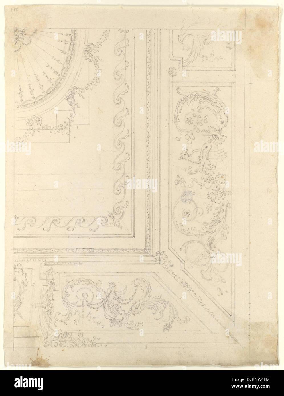 A design drawing for a ceiling showing structural layout, decorative ...