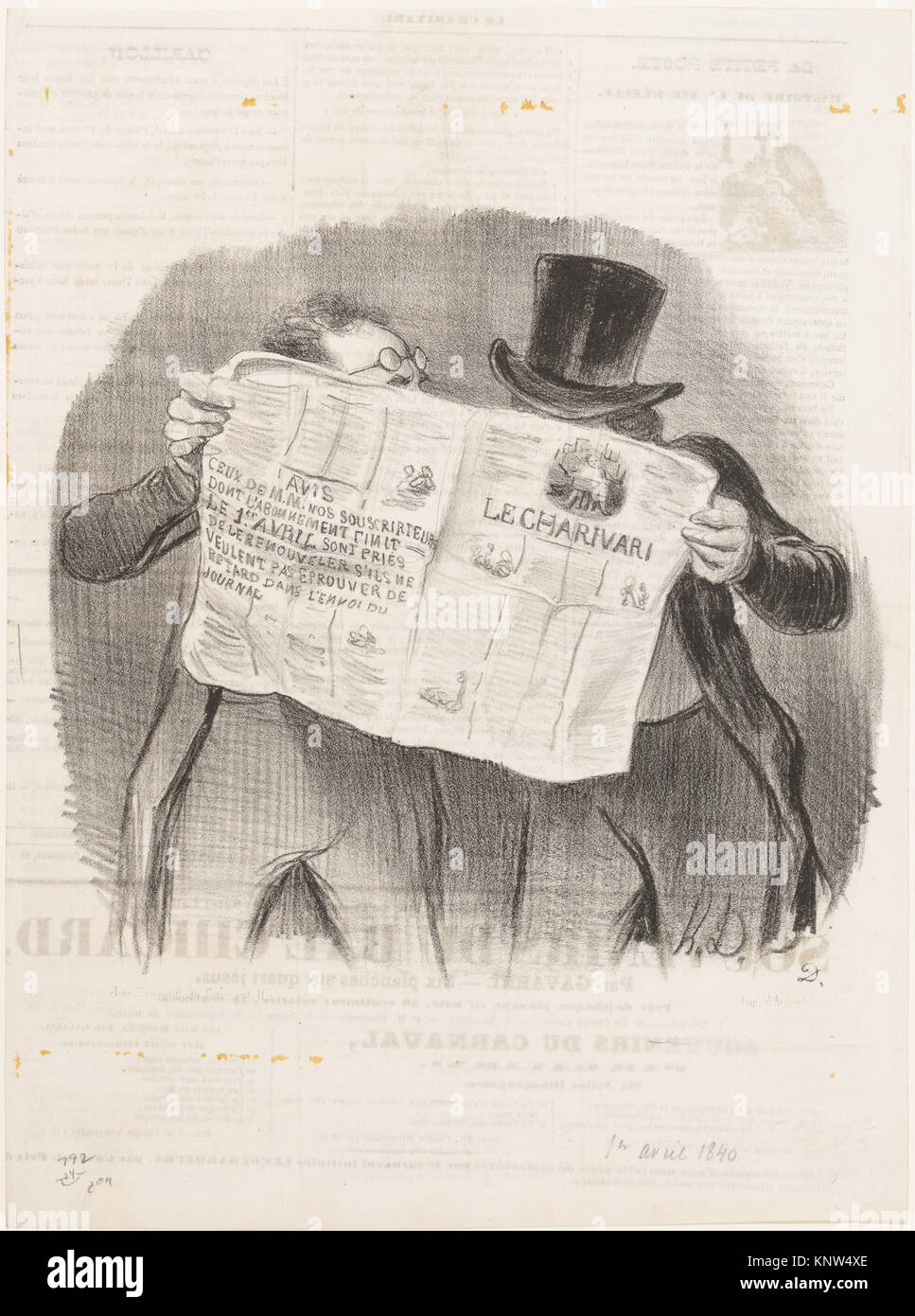 Advice to Subscribers, published in Le Charivari, April 1, 1840 MET DP156689 380673 Artist: Honor? Daumier, French, Marseilles 1808?1879 Valmondois, Advice to Subscribers, published in Le Charivari, April 1, 1840, April 1, 1840, Lithograph; first state of two (Delteil), Sheet: 13 1/8 ? 9 11/16 in. (33.3 ? 24.6 cm). The Metropolitan Museum of Art, New York. Bequest of Grace M. Pugh, 1985 (1986.1180.966) Stock Photo