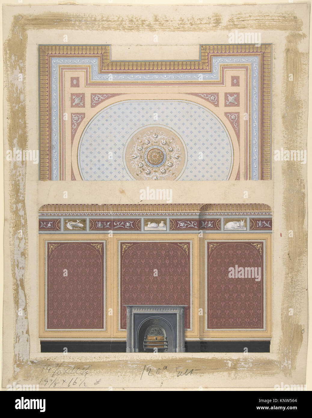 Design for a fireplace wall and ceiling showing decorative patterns ...