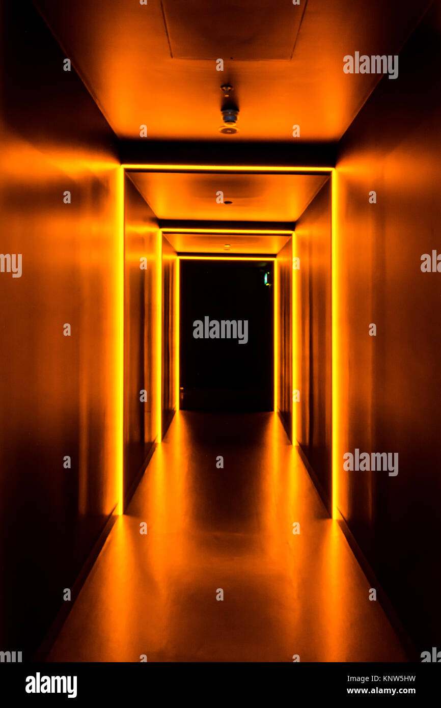 Dramatic Neon Orange Hallway into Darkness Mysterious Stock Photo Alamy