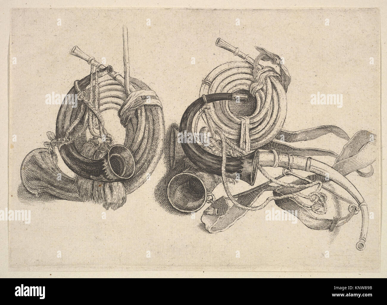Hunting Instruments This image depicts five hunting horns, showing their design, material ...