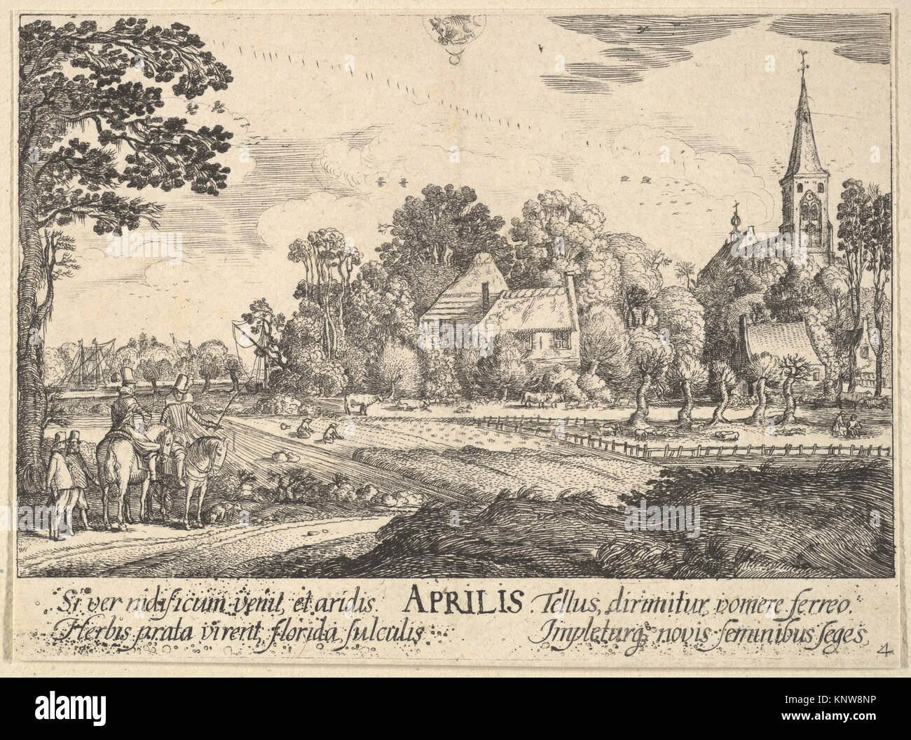 Illustration representing the month of April, showing seasonal motifs ...