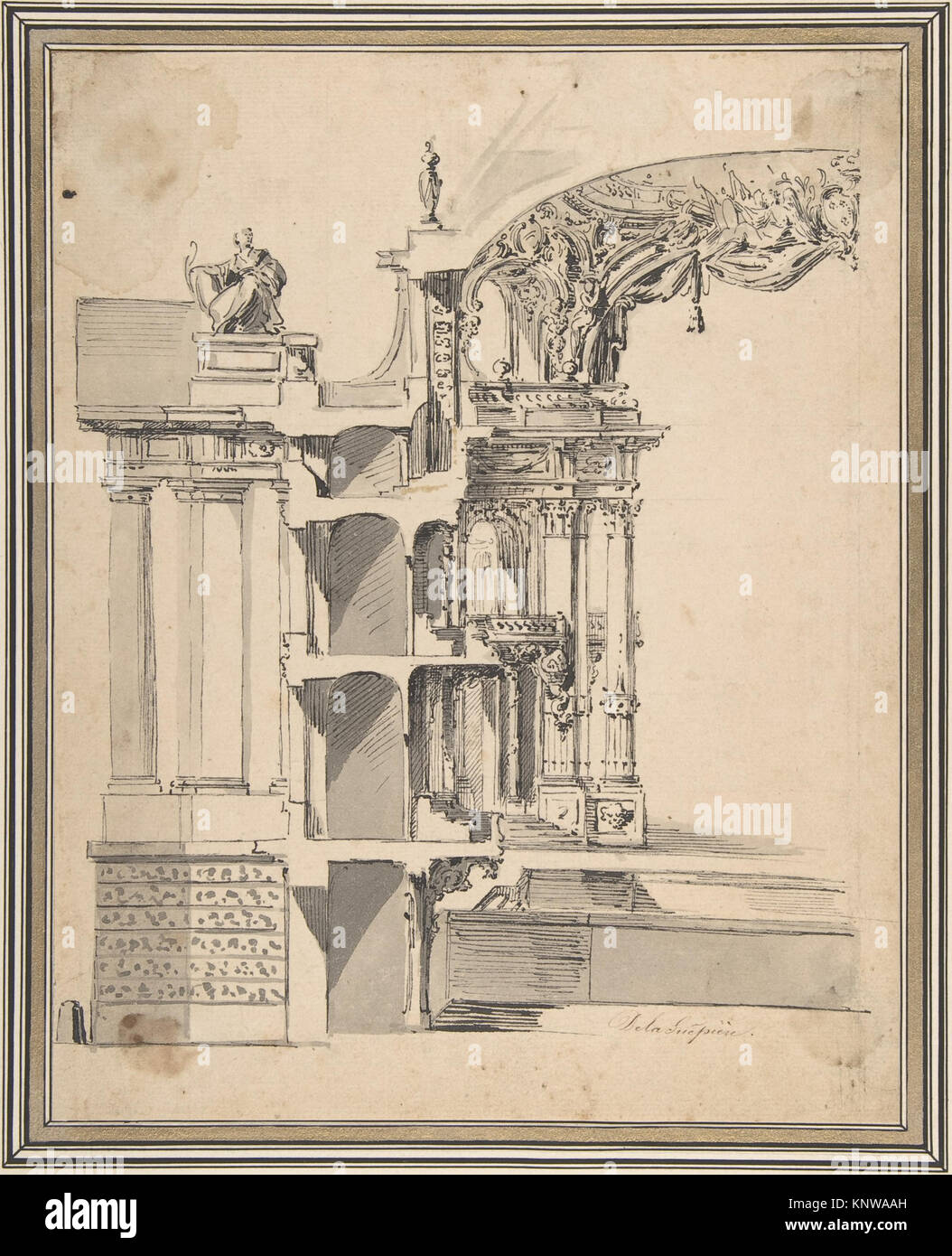 Technical illustration of a proscenium arch and stage section of an ...