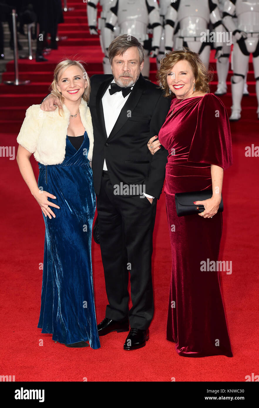 Chelsea Hamill (left) Mark Hamill and Marilou York (right) attending the european premiere of Star Wars: The Last Jedi held at The Royal Albert Hall, London. Stock Photo
