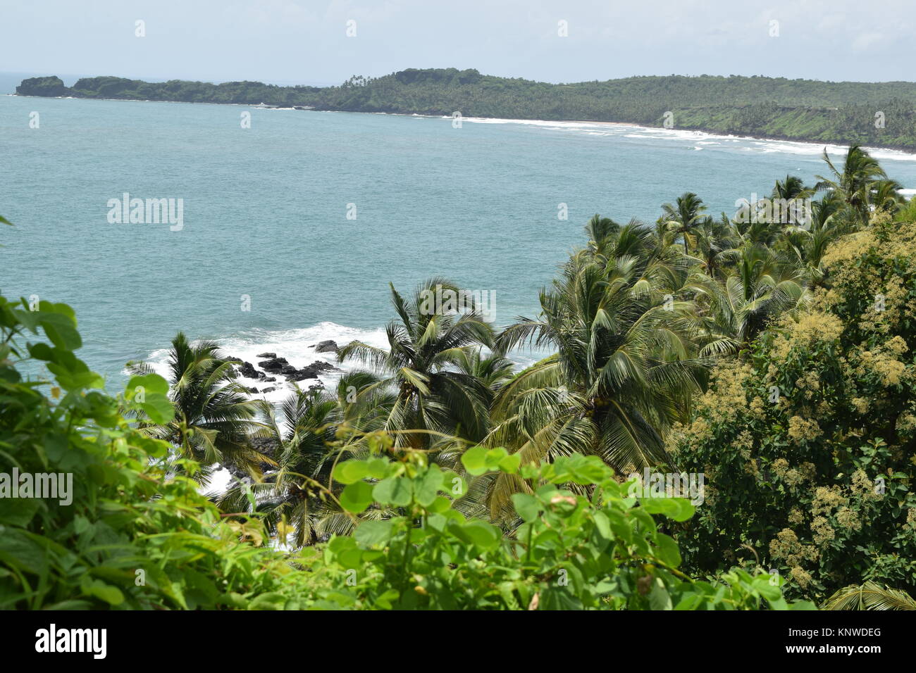 Sea view from mountain. Sea, trees and mountain. Rocky sea view with coconut trees in side. Sea surrounded by greenery and mountains. Stock Photo