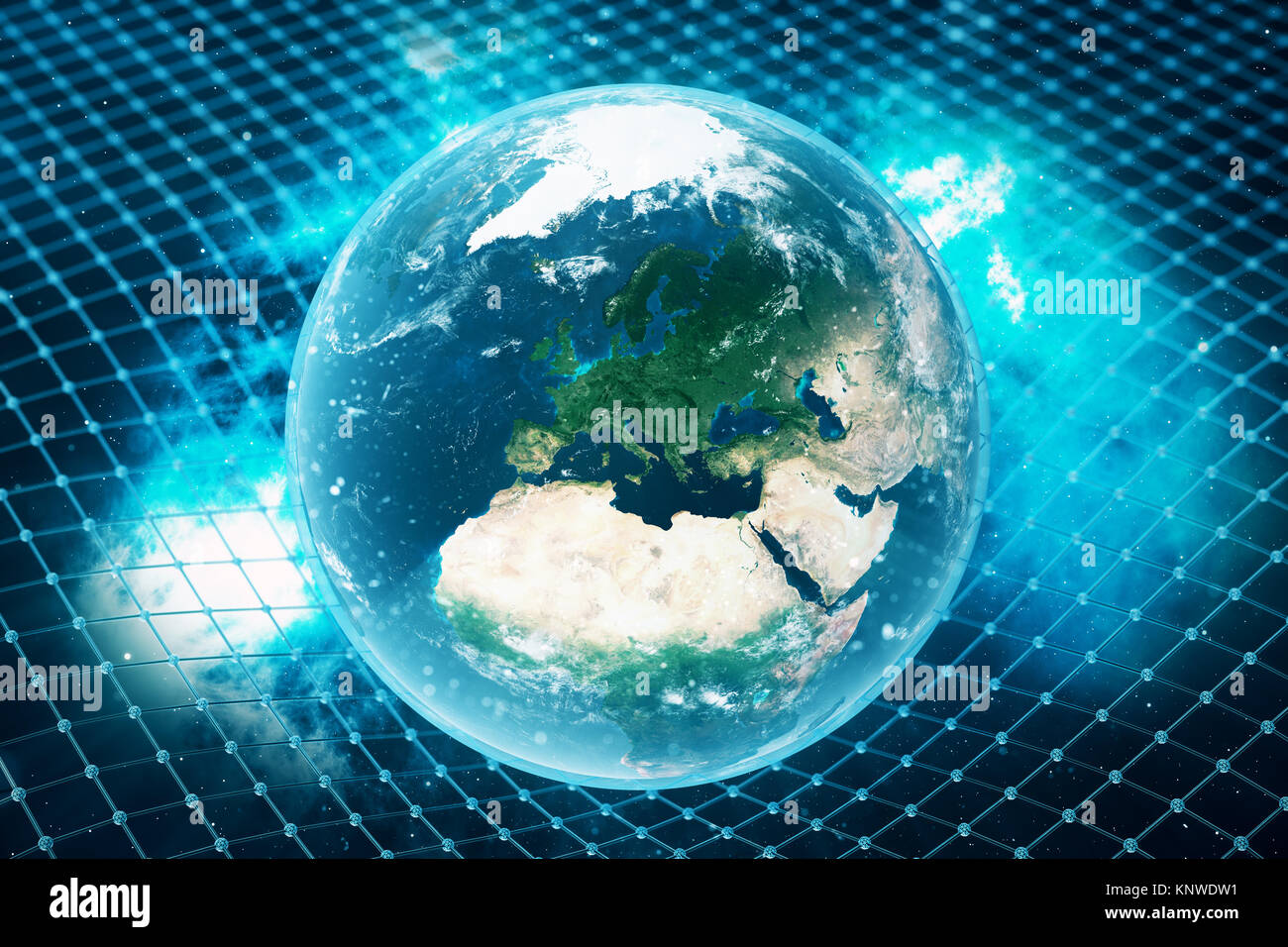 3D illustration Earth's gravity bends space around it. With bokeh effect. Concept gravity deforms space time grid around universe. Spacetime curvature Stock Photo