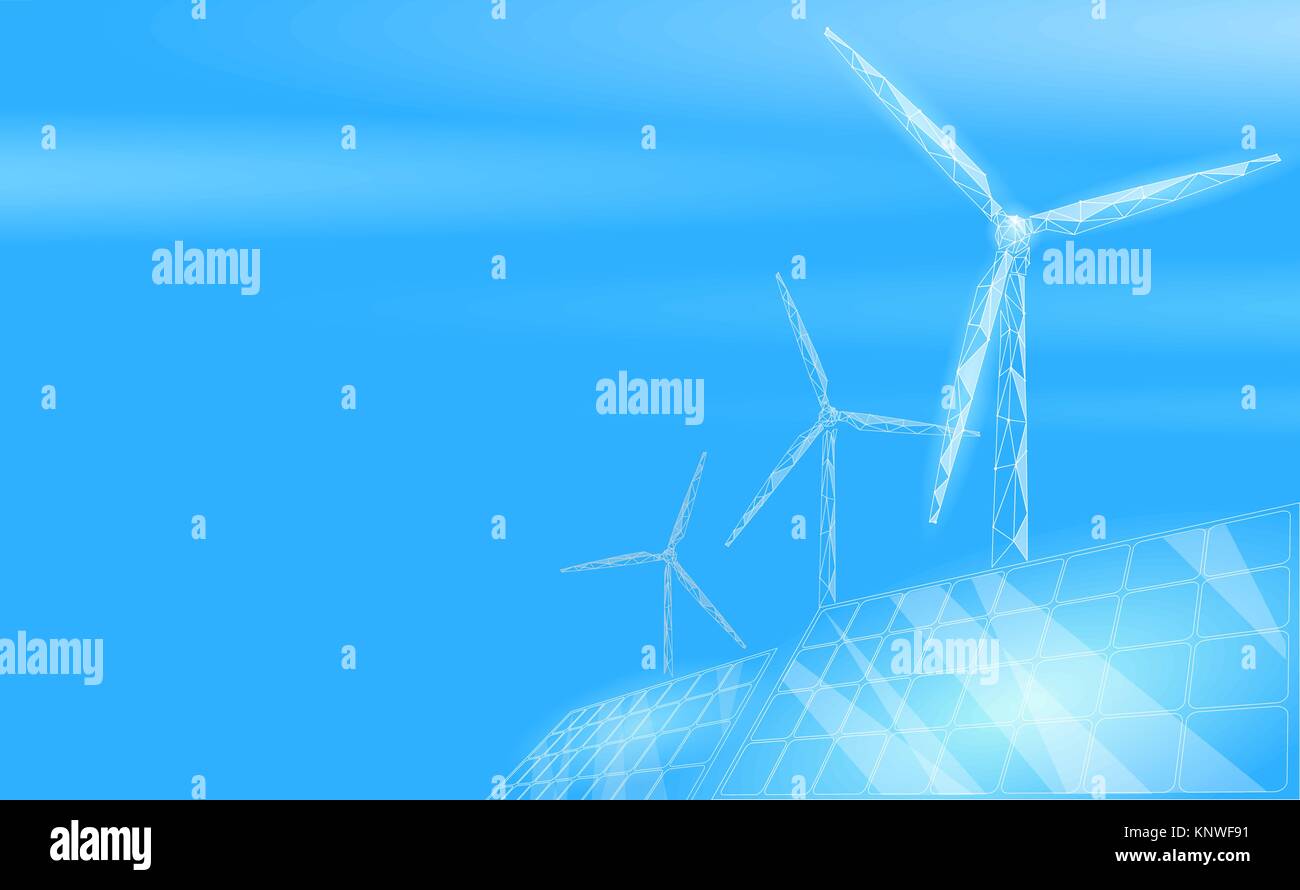 Solar panels windmills turbine generating electricity. Green ecology saving environment. Renewable power low poly polygonal geonetric blue sky design vector illustration Stock Vector