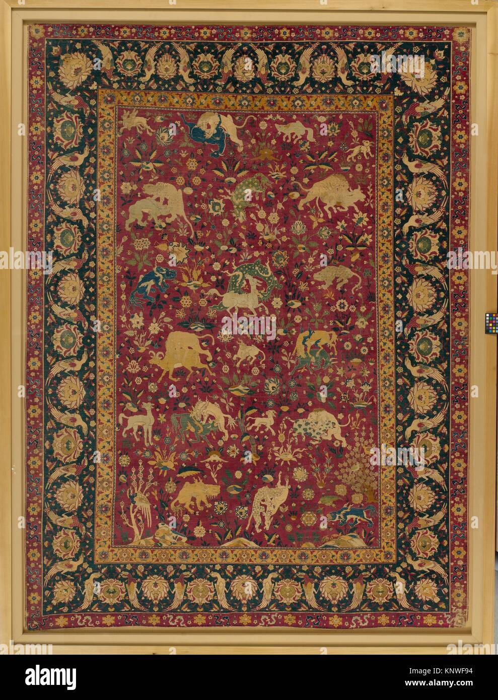 Silk Animal Carpet. Object Name: Carpet; Date: second half 16th century; Geography: Made in Iran, probably Kashan; Medium: Silk (warp, weft, and Stock Photo