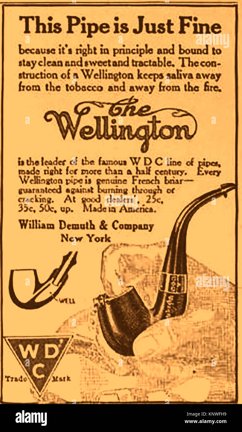 A 1914 advertisement for Wellington brand, French Briar smokers pipes manufactured by William Demuth and Co (WDM) , New York USA. From a US magazine - Stock Photo