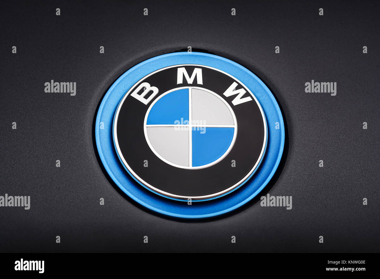 Baden-Baden, Germany - March 27, 2015: Detail of the a BMW logo on a car. Bavarian Motor Works is a German luxury vehicle, motorcycle, and engine manu Stock Photo