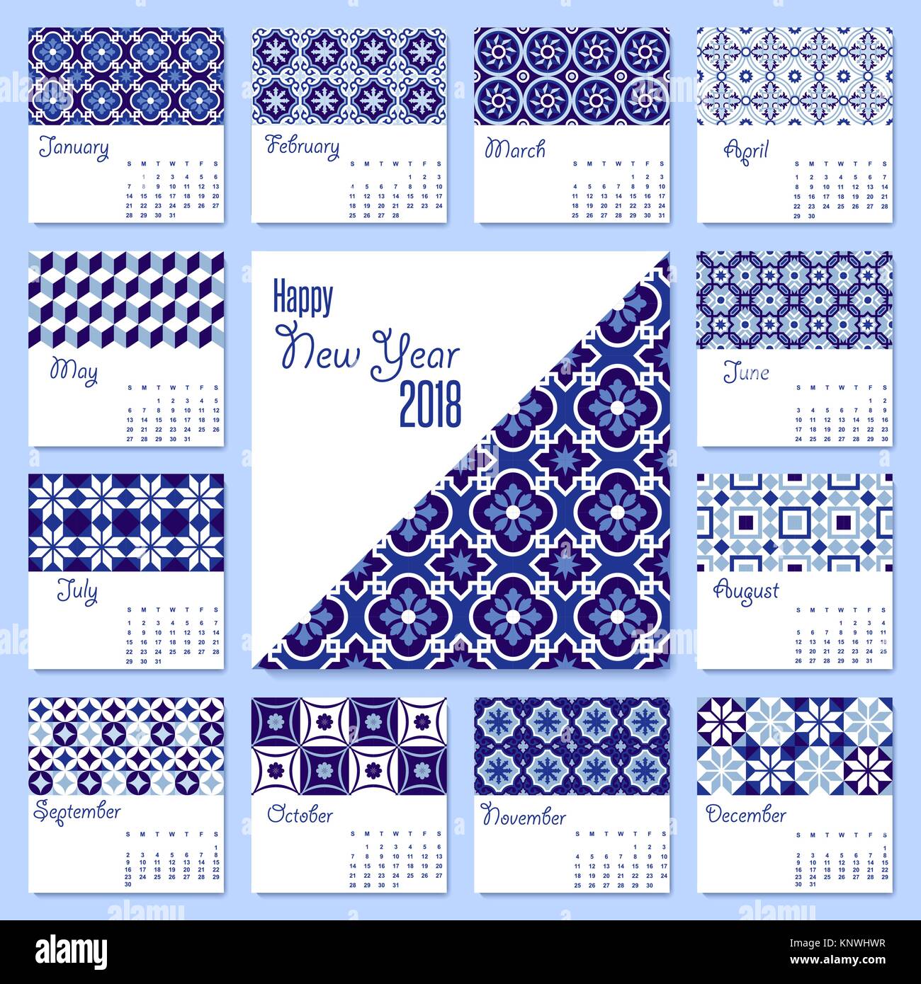 New Year 2018 calendar template with arabic traditional blue ceramic mosaic illustrations. Monthly planner set ready for print. EPS10 vector. Stock Vector