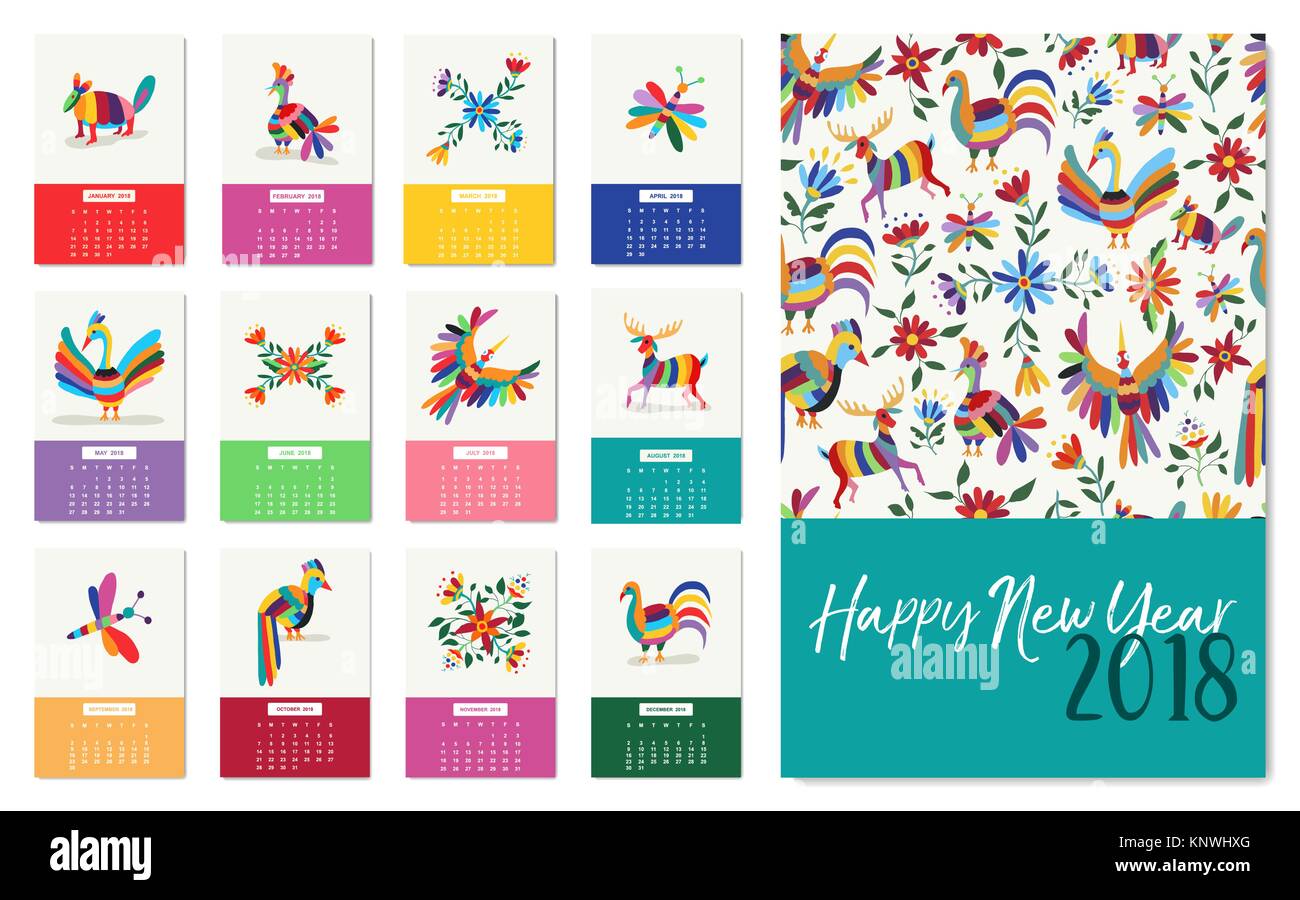 Happy New Year 2018 calendar template with colorful mexican art of animals and flowers. Traditional mexico nature decoration for monthly planner desig Stock Vector