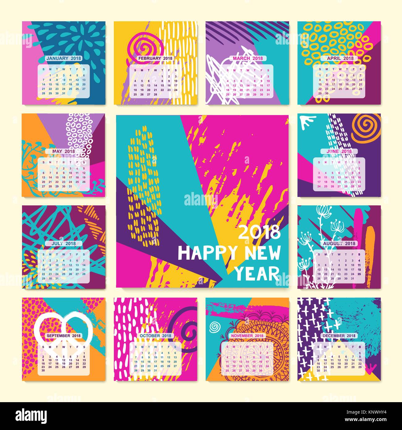 2018 New Year calendar template. Set of monthly planner designs with colorful hand drawn illustration, modern boho style art. EPS10 vector. Stock Vector