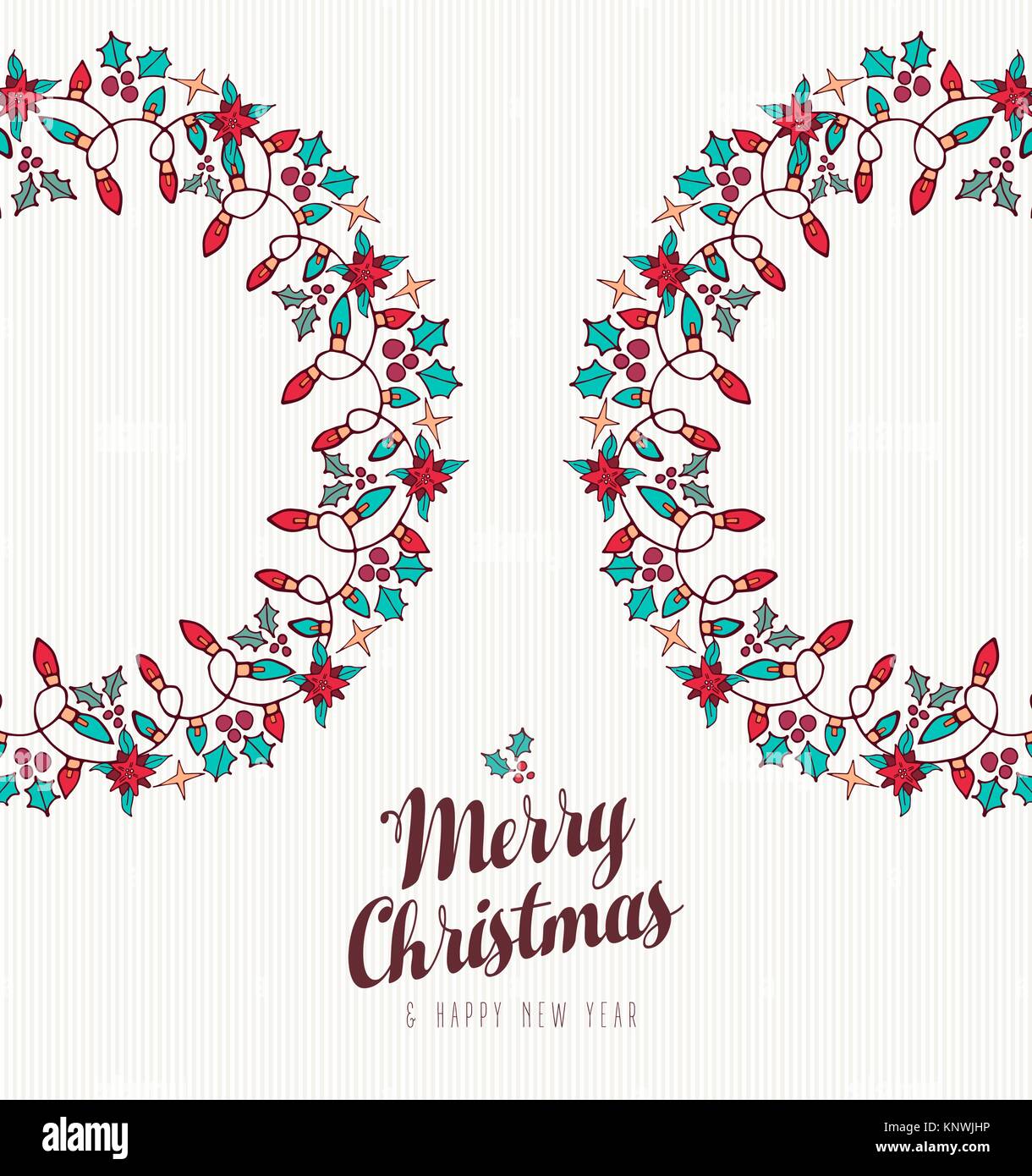 Merry Christmas and Happy New Year hand drawn greeting card design with ...