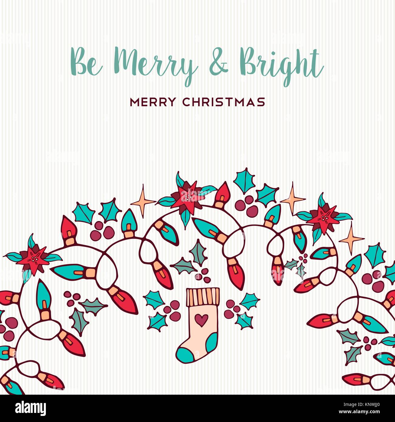 Merry Christmas hand drawn greeting card design with holiday ornament decoration. Includes xmas lights, sock, mistletoe and holly plants. EPS10 vector Stock Vector