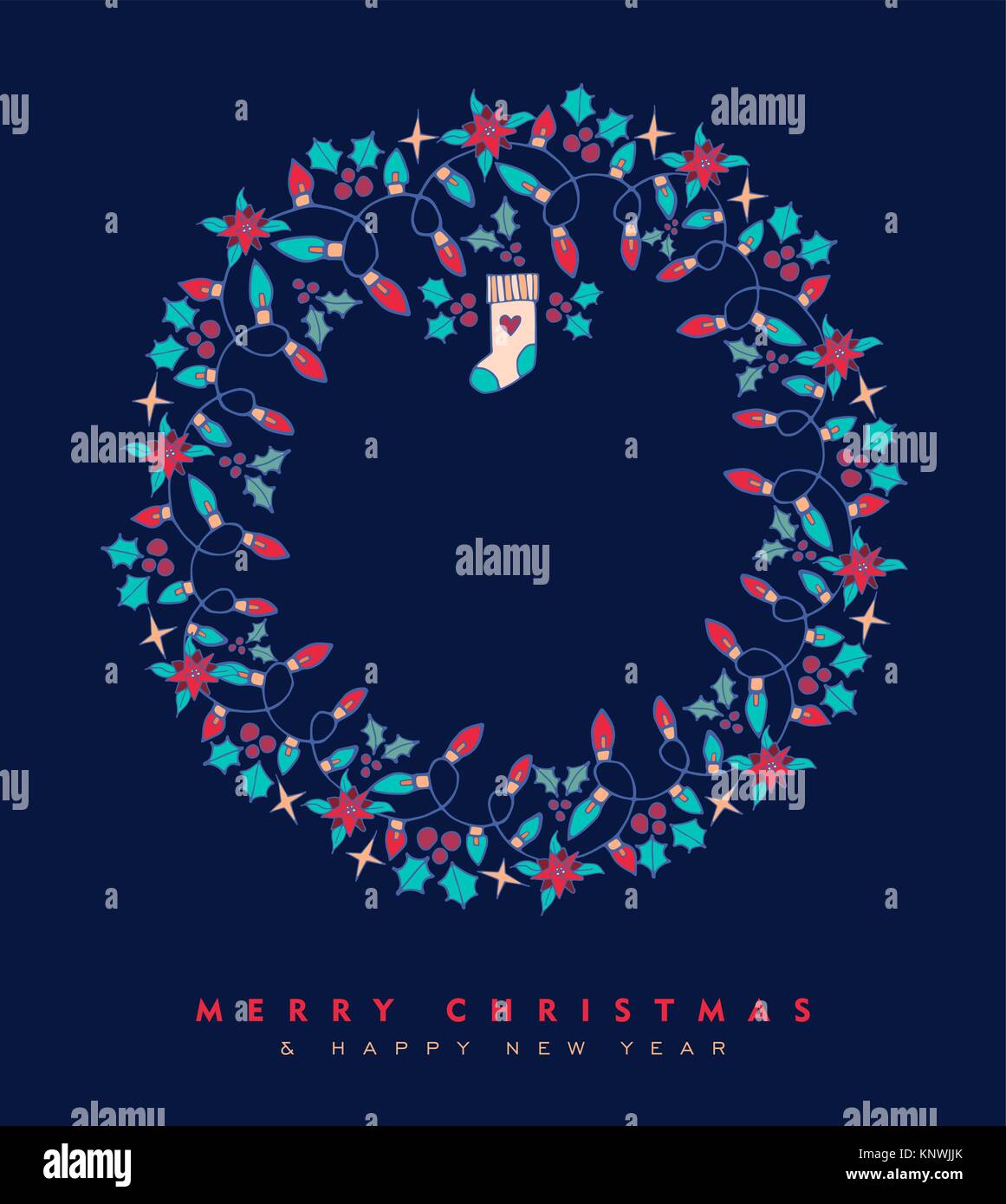 Merry Christmas and Happy New Year hand drawn greeting card design with ...