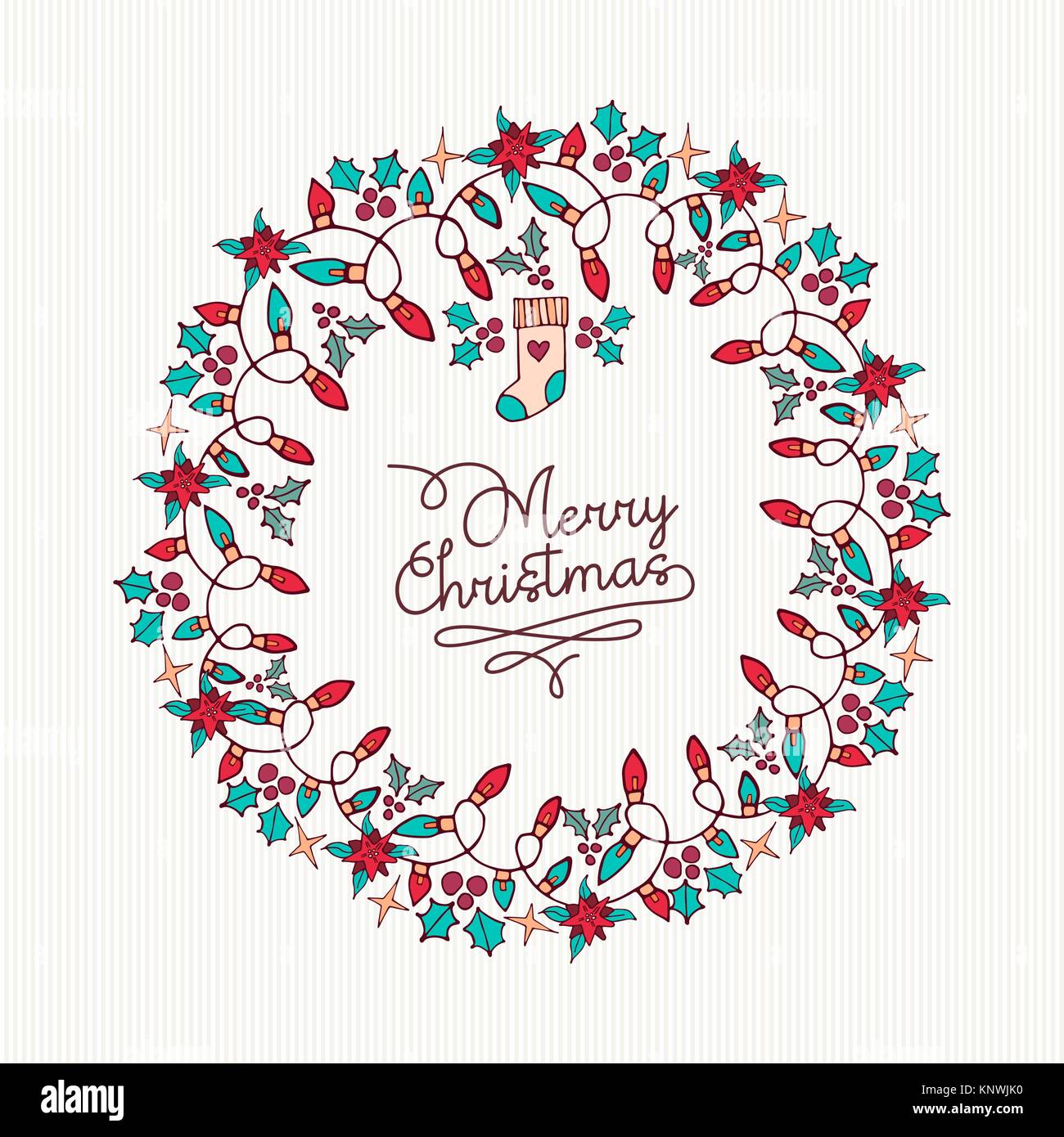 Merry Christmas hand drawn greeting card design with wreath shape ...