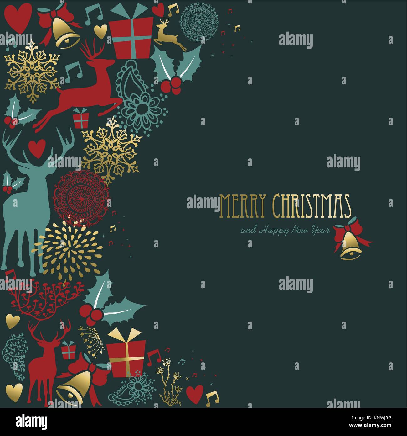 Merry Christmas Happy New Year decoration in gold color with deer and ...