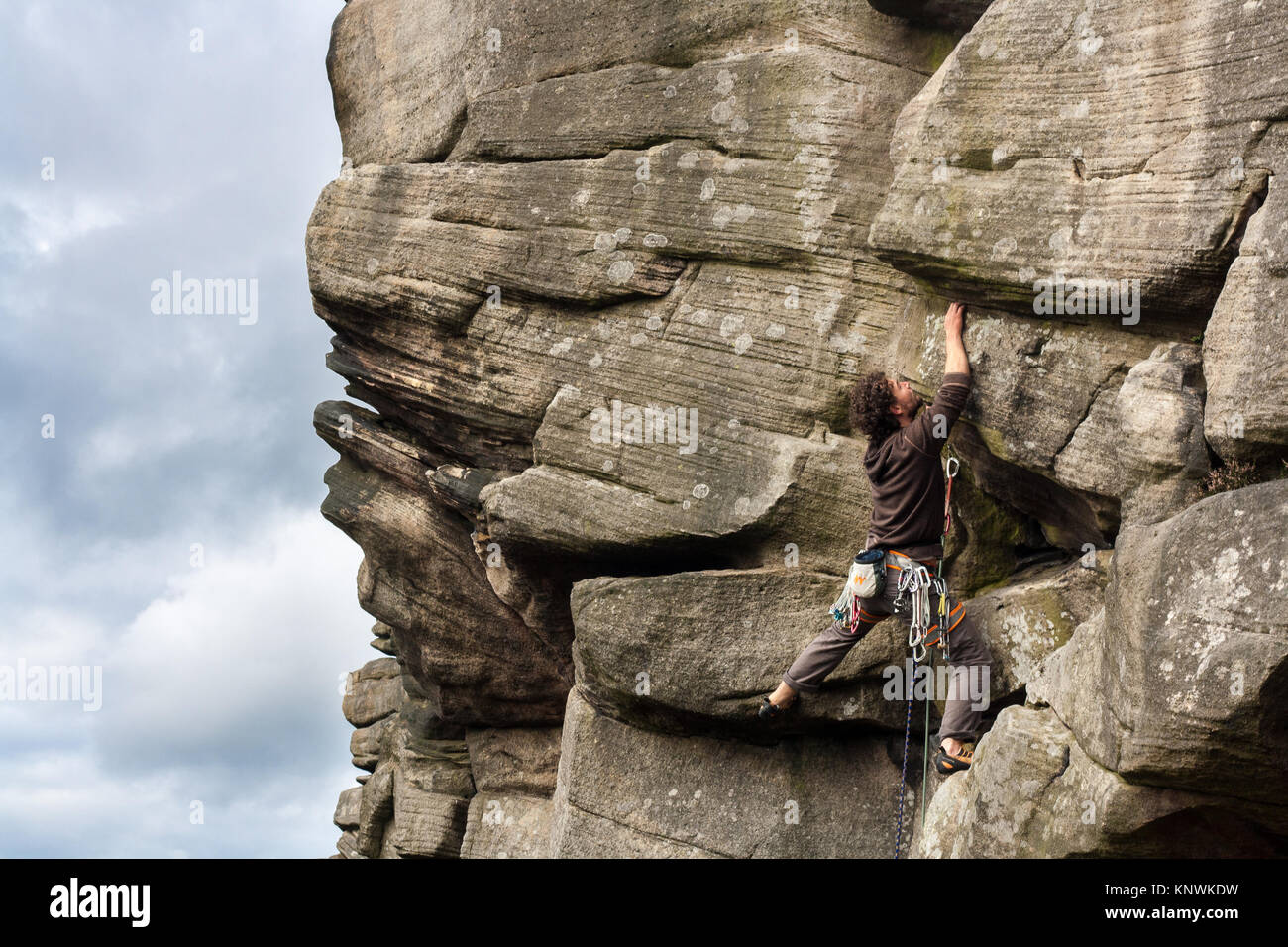 Trad Climbing Grit, Queersville, Stanage Popular, HVS, Peak District, Sheffield Stock Photo