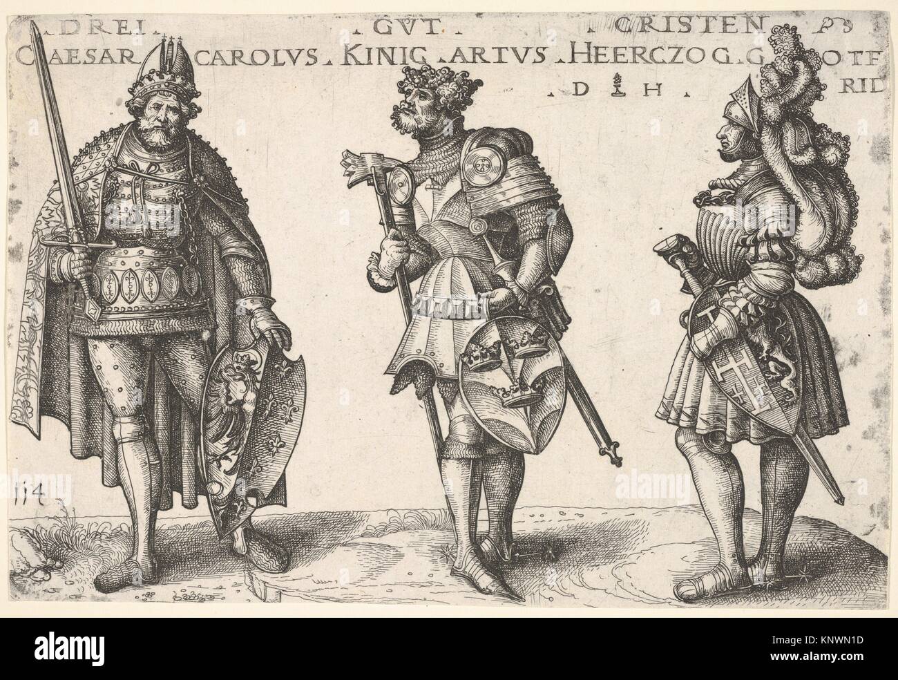 Three Worthy Christians: Charlemagne, King Arthur, and Geoffrey of Bouillon. Artist: Daniel Hopfer (German, Kaufbeuren 1471-1536 Augsburg); Artist: Stock Photo